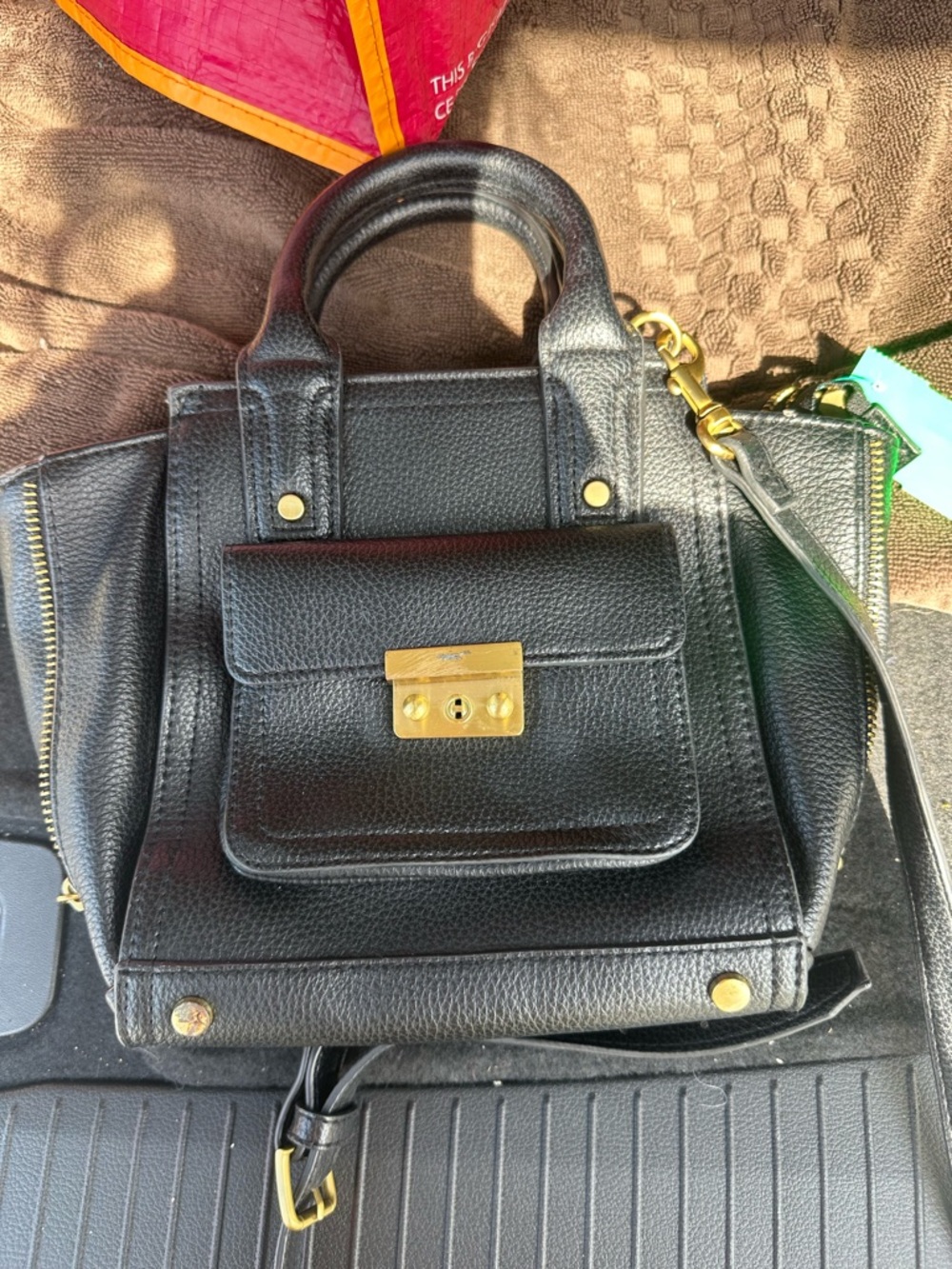 3.1 Phillip lim Classic Black Leather Satchel Handbag with Gold Hardware